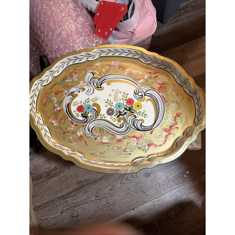 VTG Baret Ware Gold Floral Metal Serving Tray Grandmacore England 17.5"x13" READ